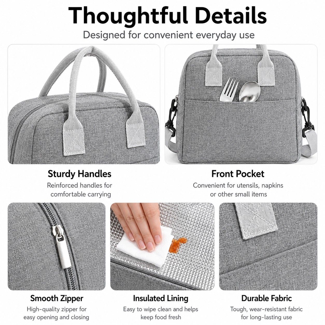 Insulated Lunch Tote Bag with Front Pocket and Adjustable Shoulder Strap