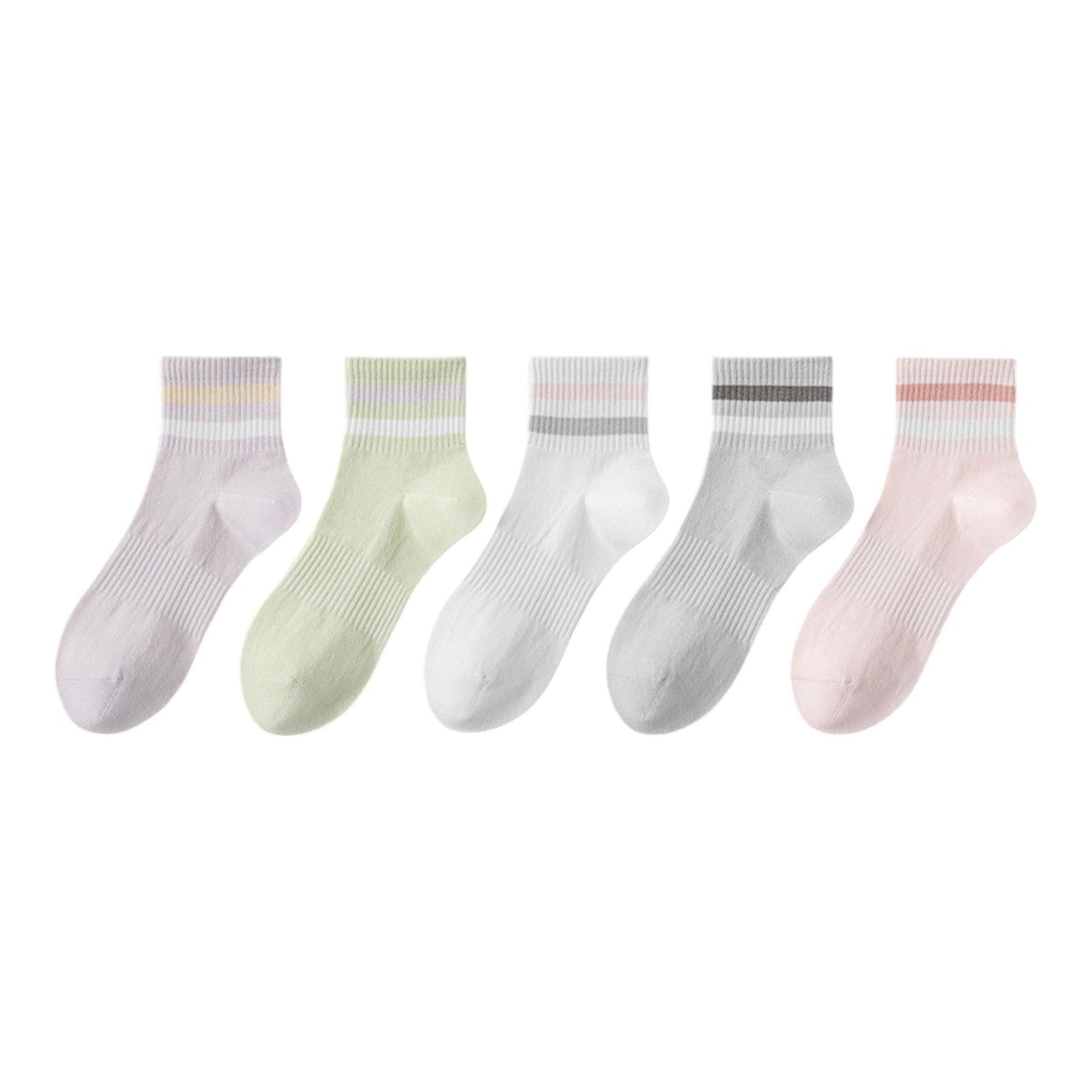 5 Pairs Women Cotton Ankle Socks with Pastel Striped Cuffs Soft Breathable Knit Fabric for Everyday Comfort