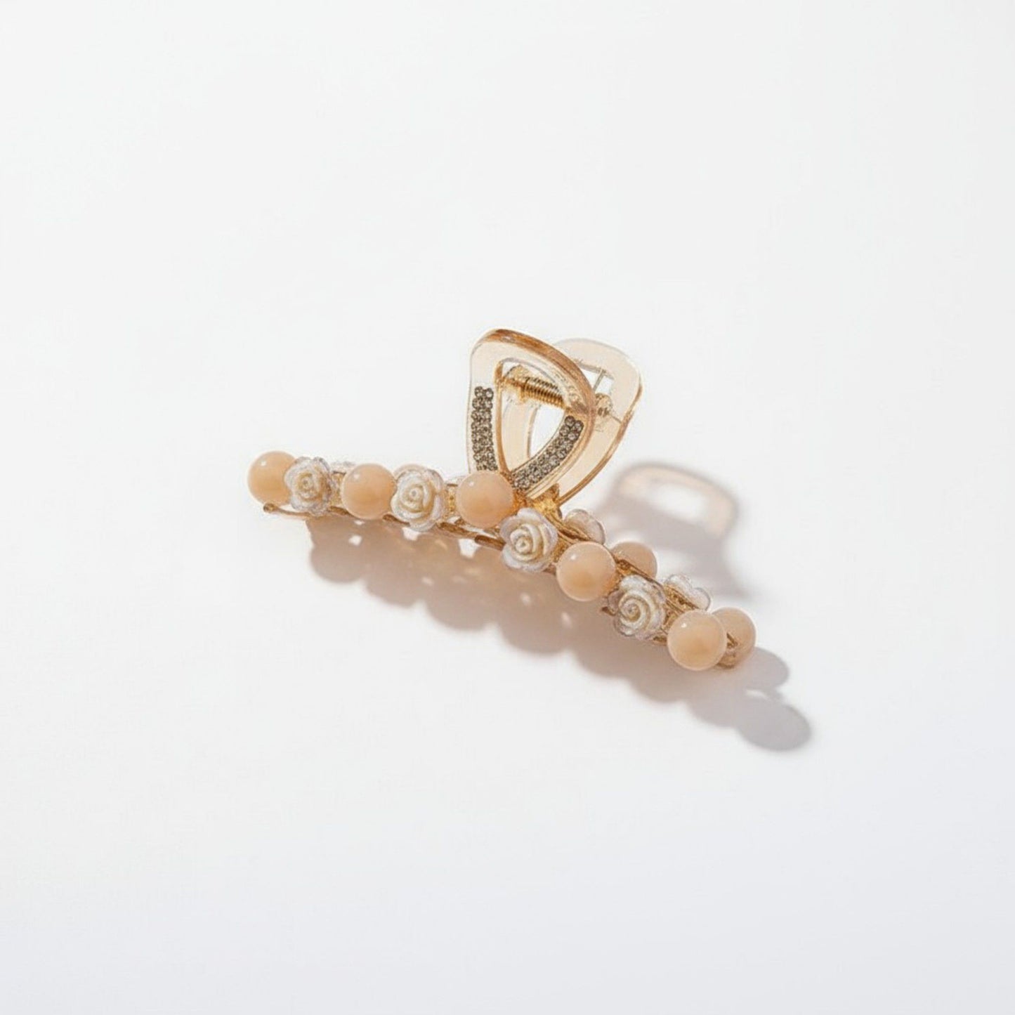 Beaded Flower Metal Hair Claw Clip with Curved Design and Textured Accents