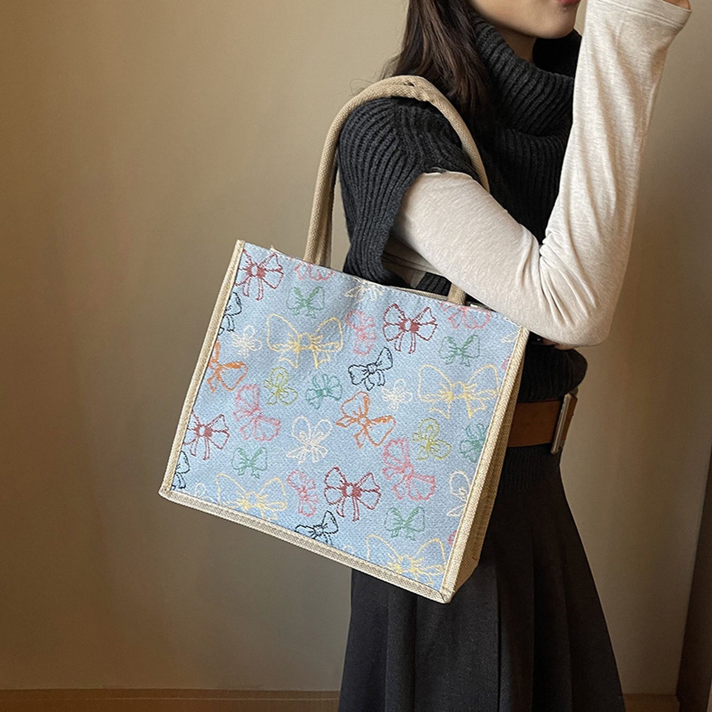 Canvas Tote Bag with Colorful Bow Print - Lightweight Shopping Handbag