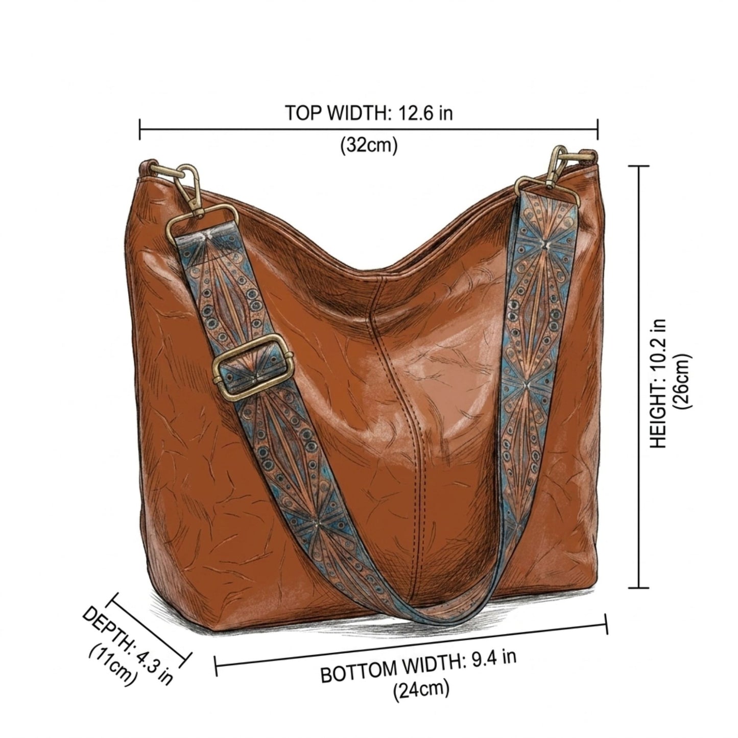 Faux Leather Hobo Shoulder Bag with Adjustable Wide Strap and Zipper Pockets