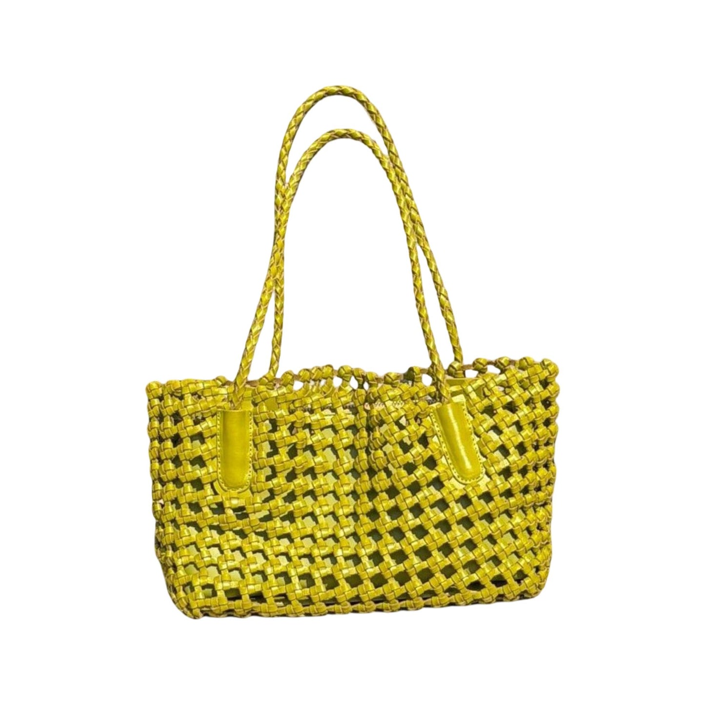 Open Weave Leather Tote Bag with Braided Shoulder Straps and Interior Zip Compartment