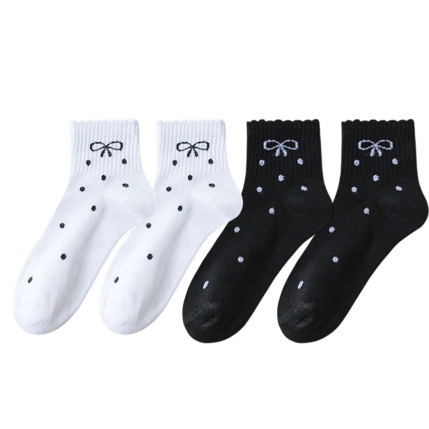 Soft Cotton Ankle Socks with Bow Embroidery Polka Dot Design 4 Pairs