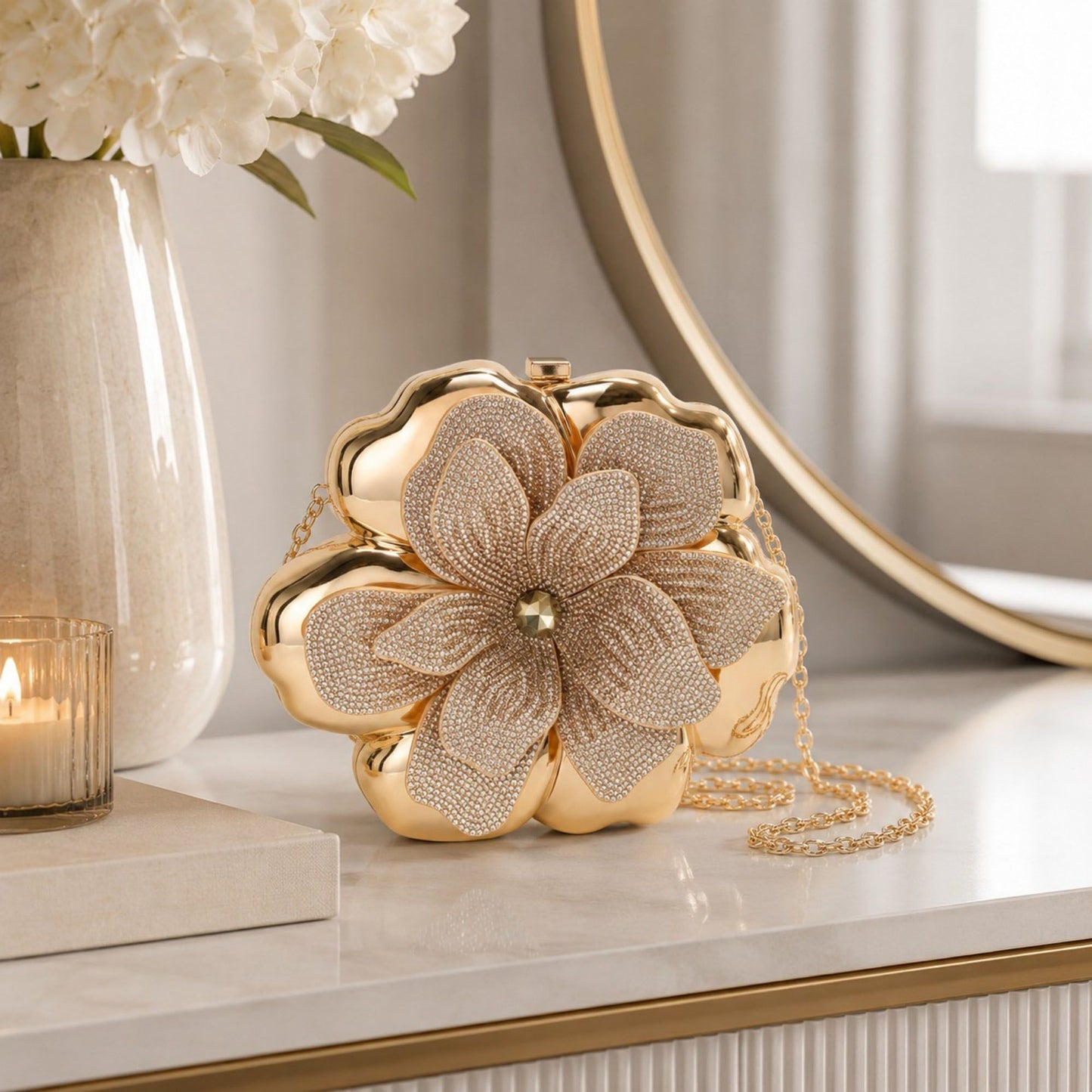 Flower Clutch Bag Metallic Look Evening Handbag with Chain Strap and Beaded Floral Accent