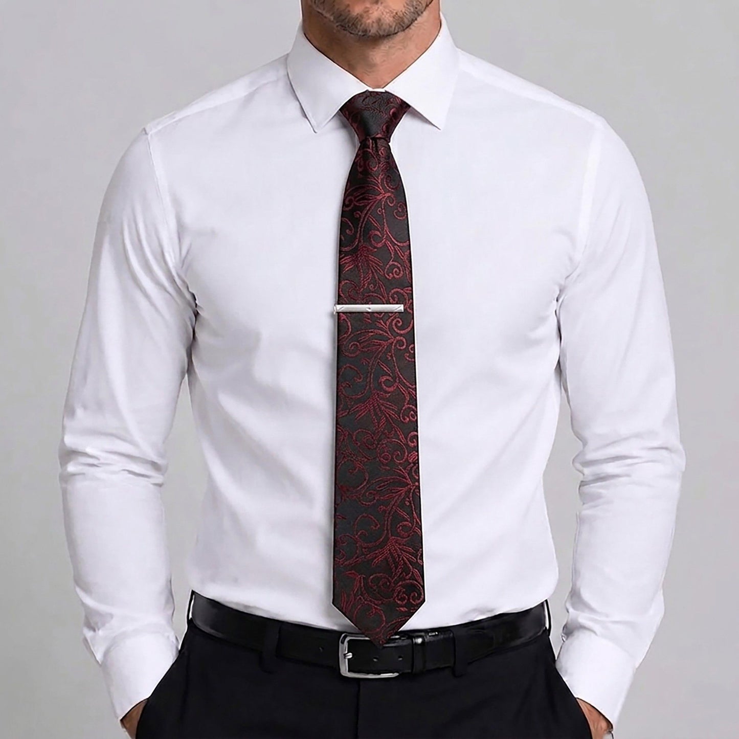 Men's Baroque Floral Tie Gift Set with Matching Pocket Square Cufflinks and Silver Tie Clip