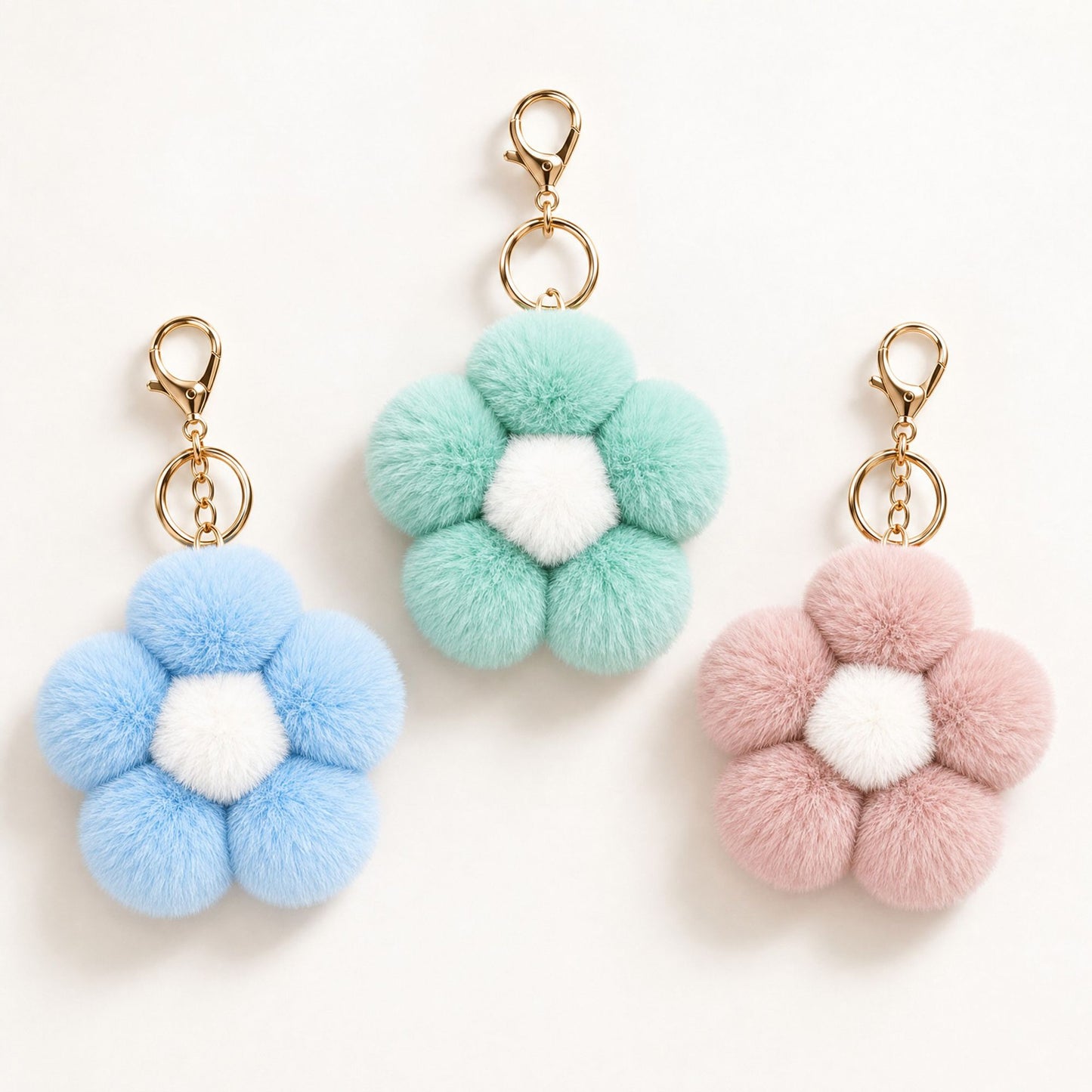 Fluffy Flower Pom Pom Keychain Cute Faux Fur Bag Charm Set