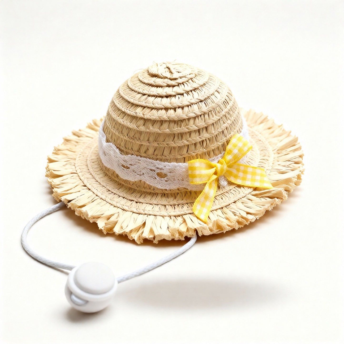 Pet Straw Sun Hat with Lace Trim Bow Adjustable Chin Strap Summer Costume Hat for Cats and Small Dogs