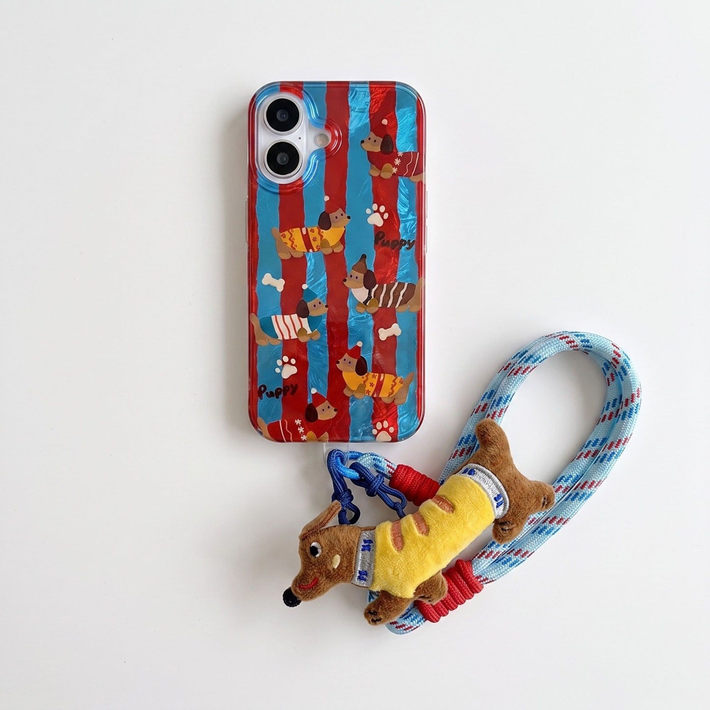 Dachshund Phone Case Wristlet Set Dog Print Case Plush Charm Strap