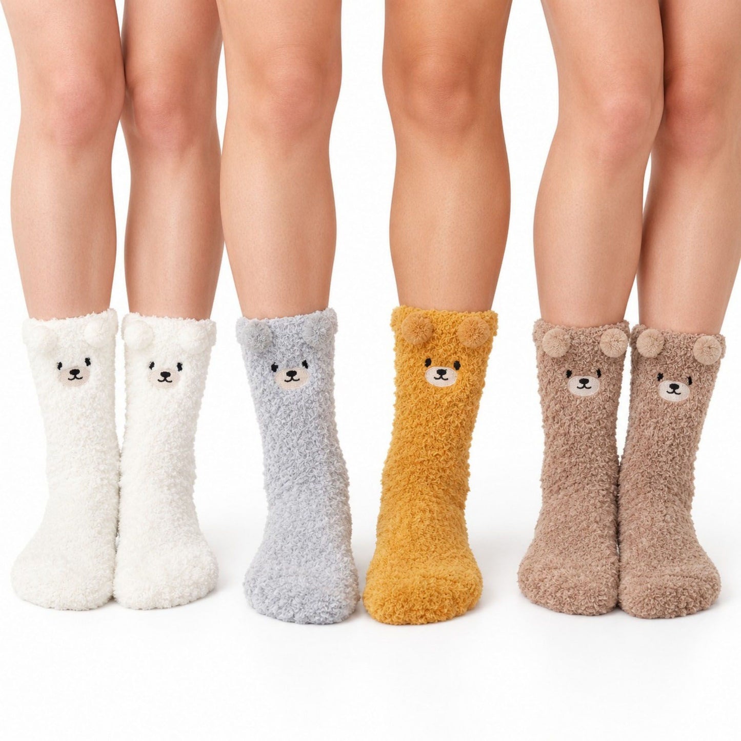 Bear Fuzzy Crew Socks 4-Pair Set US 5-10.5