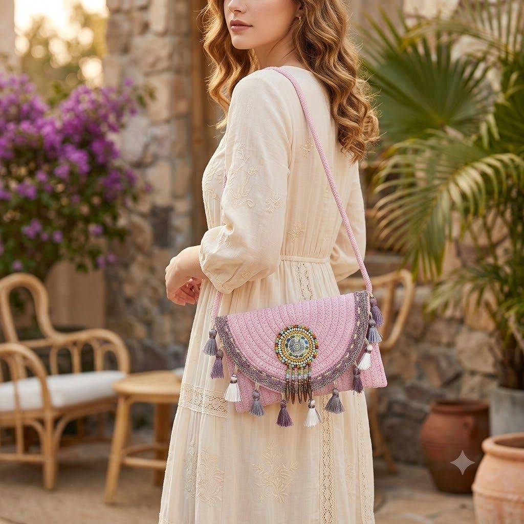 Women's Woven Crossbody Bag with Beaded Medallion Tassel Flap and Long Strap
