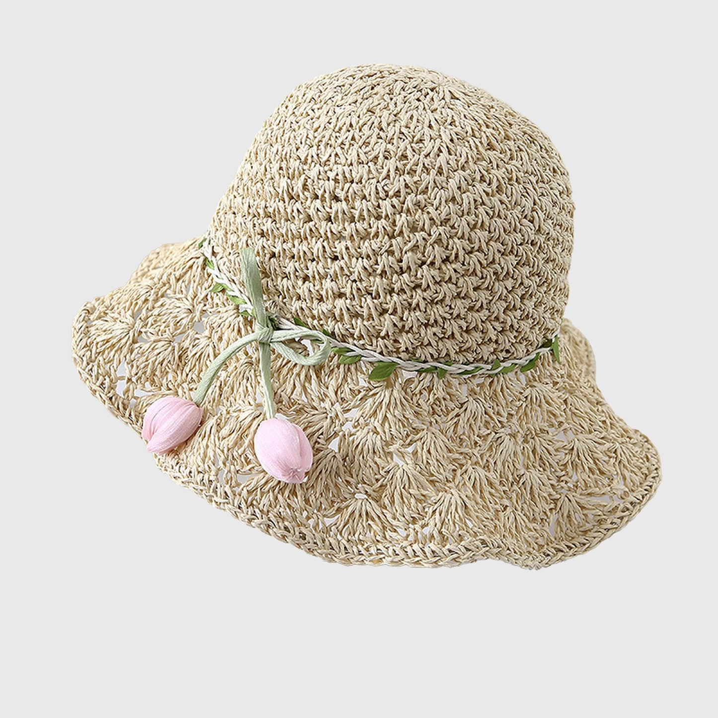 Hand - Crocheted Straw Sun Hat with Floral Accents