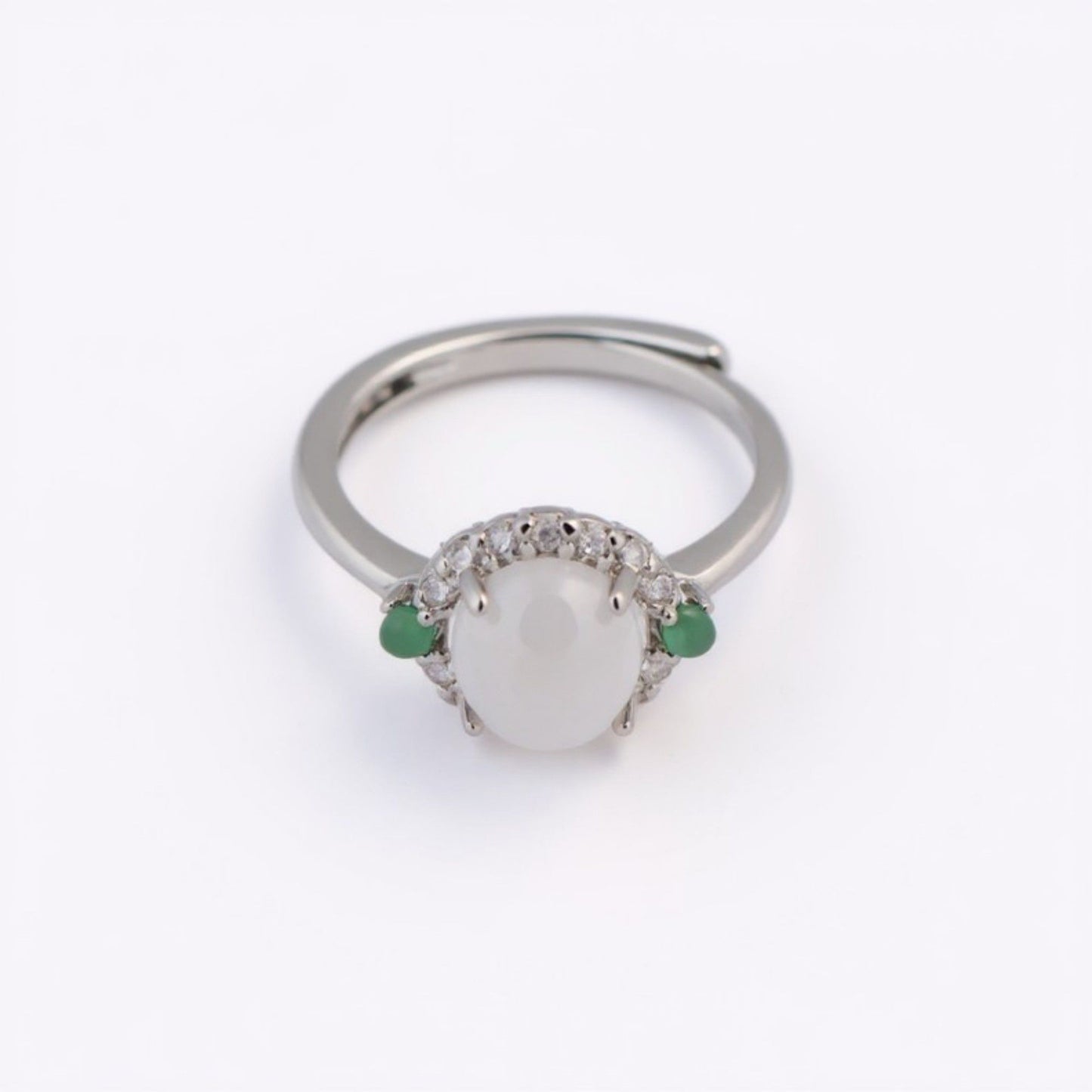 Women's White Jade Ring with Crystal Halo and Green Gemstone Accents