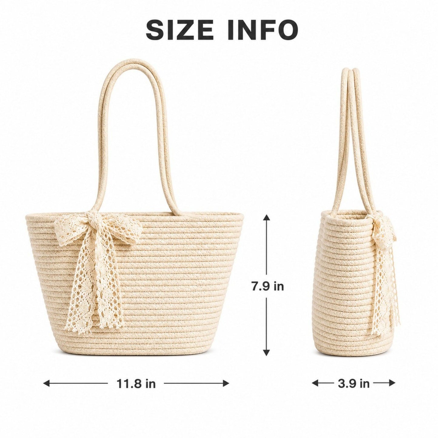 Woven Straw Style Tote Bag Large Capacity Shoulder Bag with Lace Bow Detail