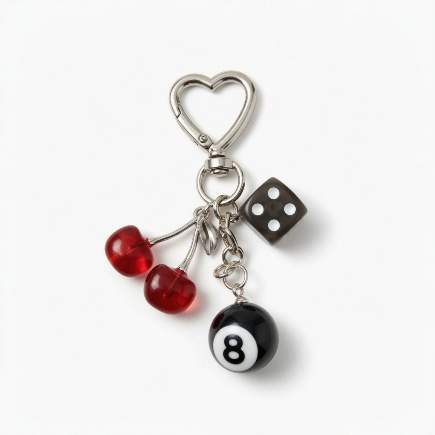 8 Ball Cherry Dice Charm Keychain with Heart Clip Novelty Bag Charm Key Ring Accessory