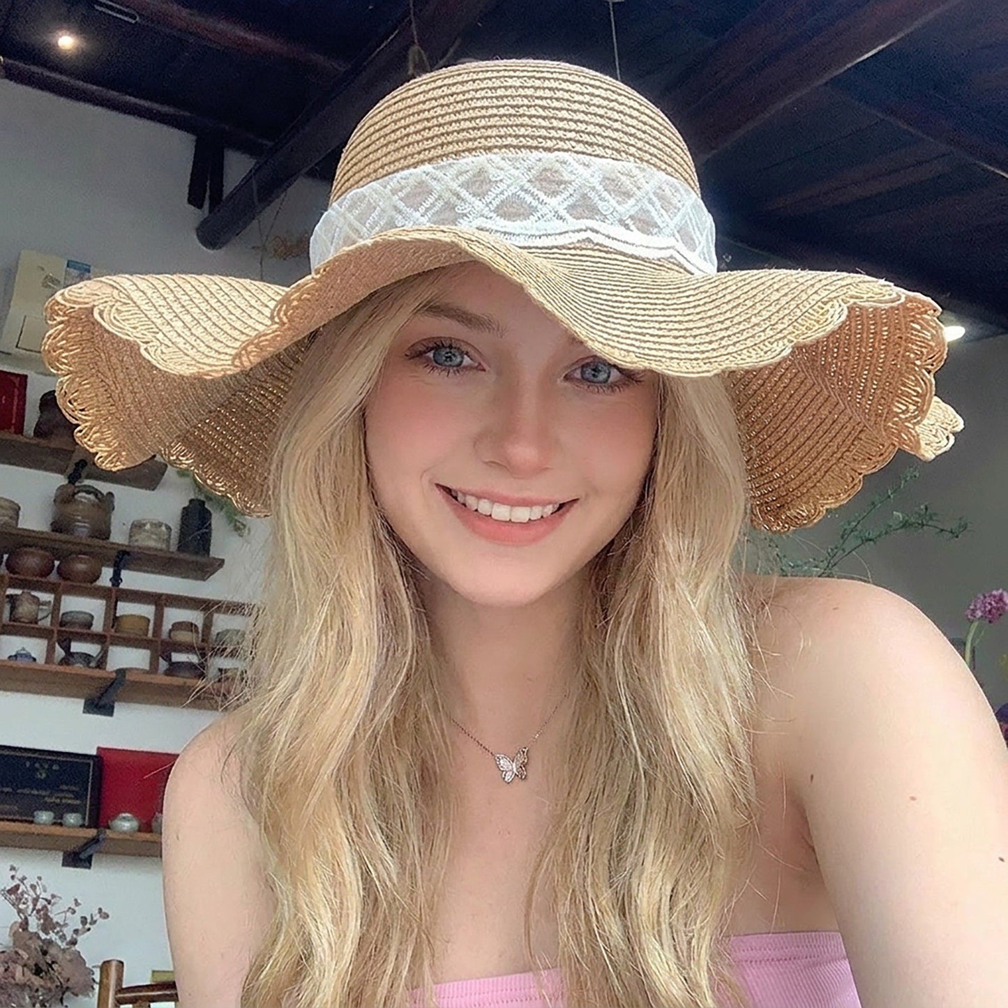 Wide Brim Straw Sun Hat with Sheer Bow Accent and Scalloped Edge
