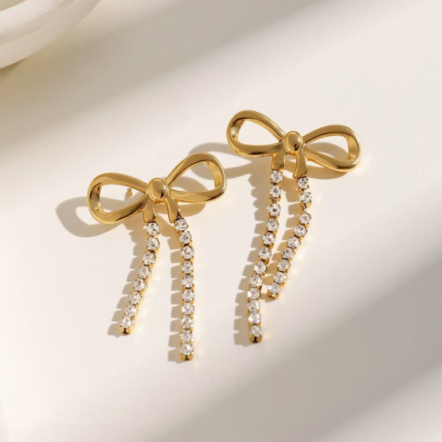 Bow Drop Earrings with Rhinestone Dangle Detail Feminine Statement Jewelry