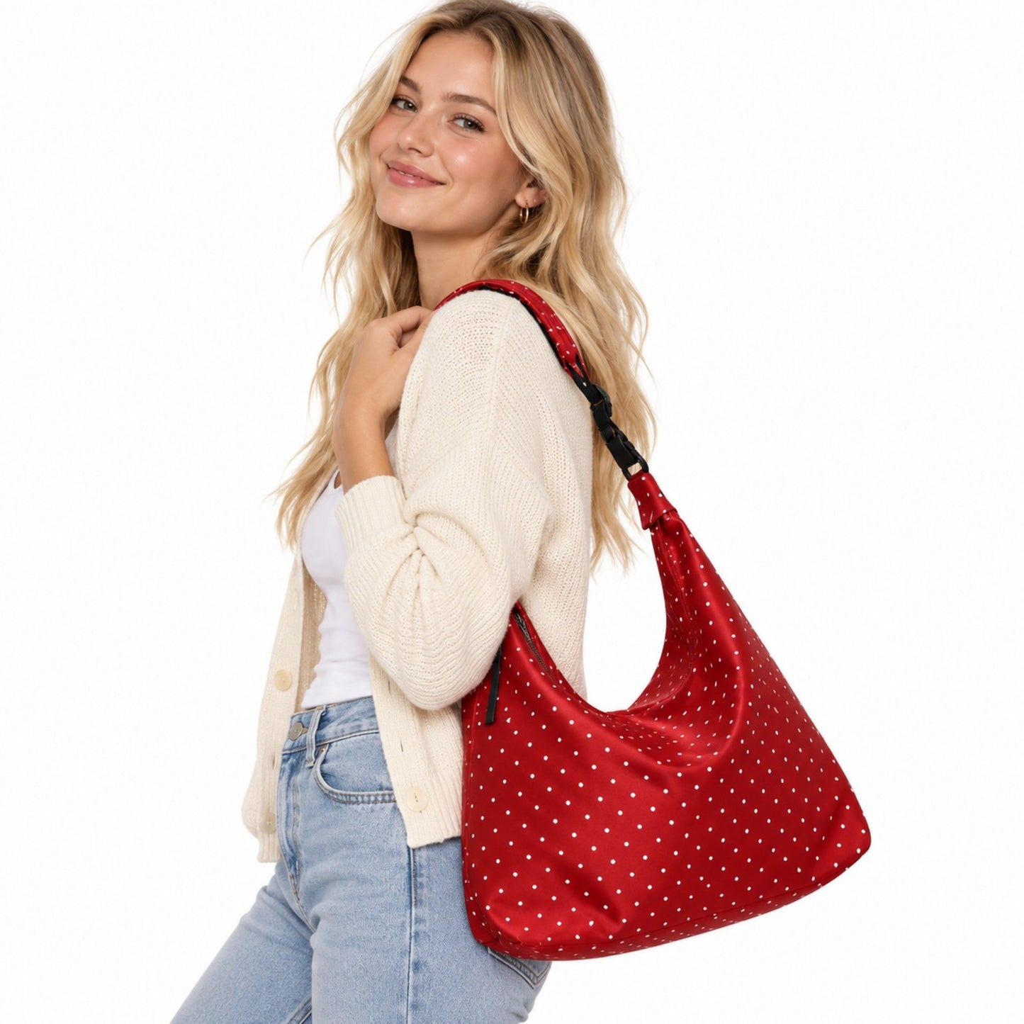 Large Nylon Polka Dot Shoulder Tote Bag