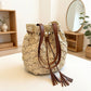 Woven Bucket Shoulder Bag with Drawstring Closure Faux Leather Strap Tassel Detail Lightweight Handbag