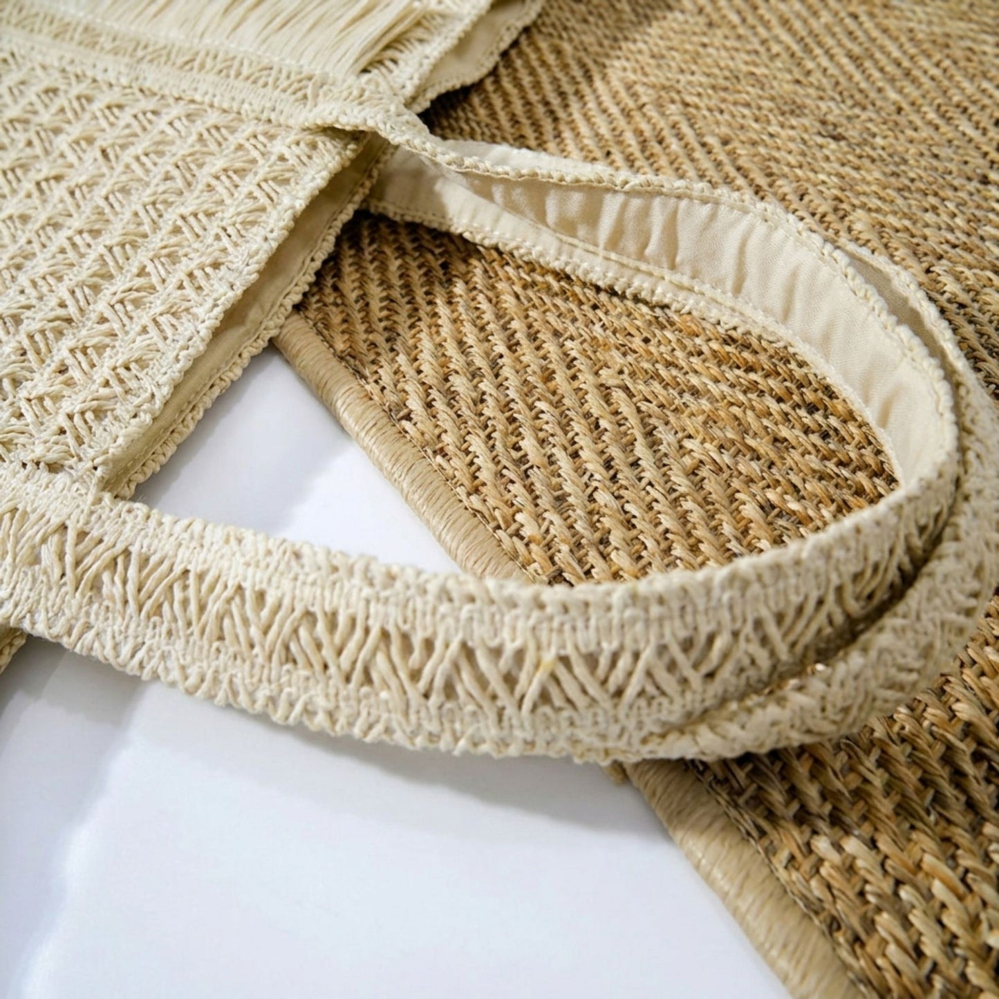 Woven Tote Bag with Fringe Detail and Shoulder Handles