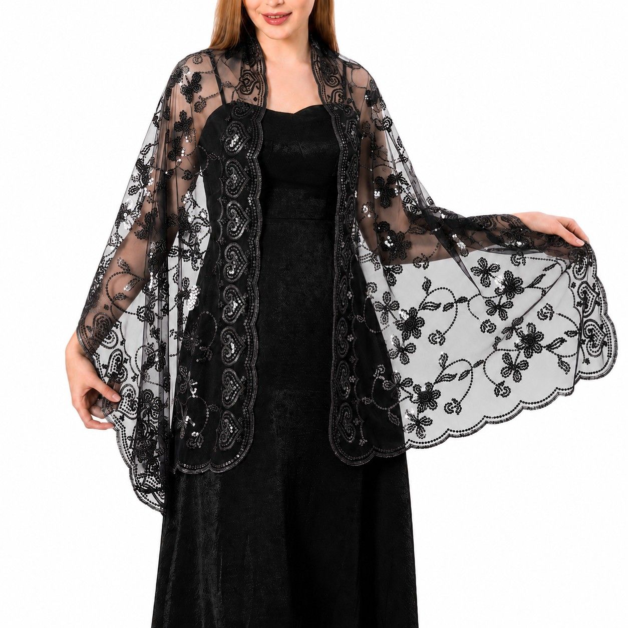 Embroidered Sequin Mesh Shawl Wrap Sheer Floral Scarf Scalloped Edge