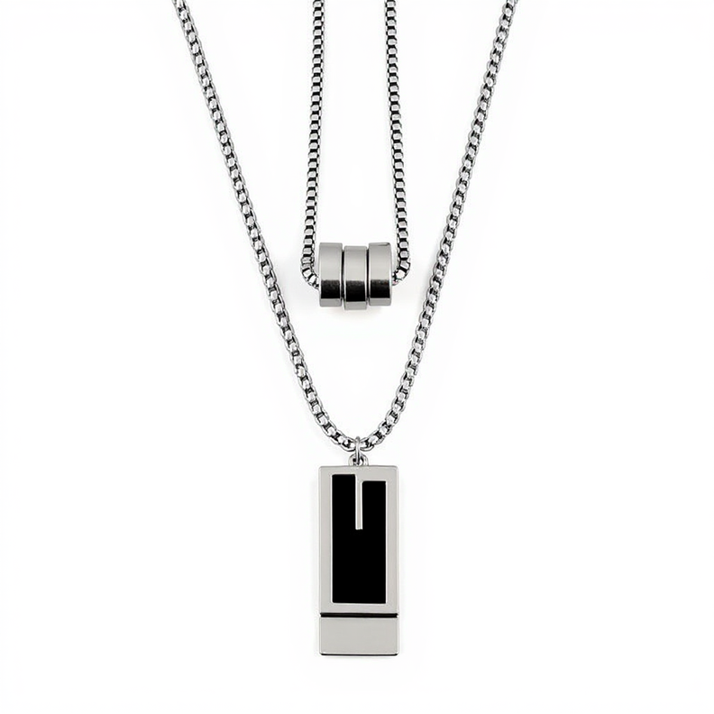 Women's Layered Geometric Pendant Necklace with Rectangular and Cylinder Charms