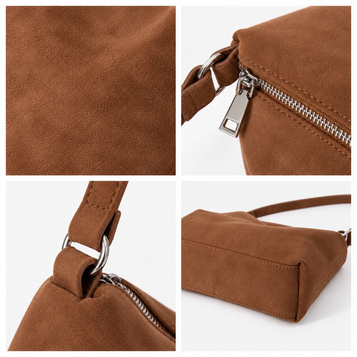 Faux Suede Hobo Shoulder Bag with Zip Closure and Interior Pockets