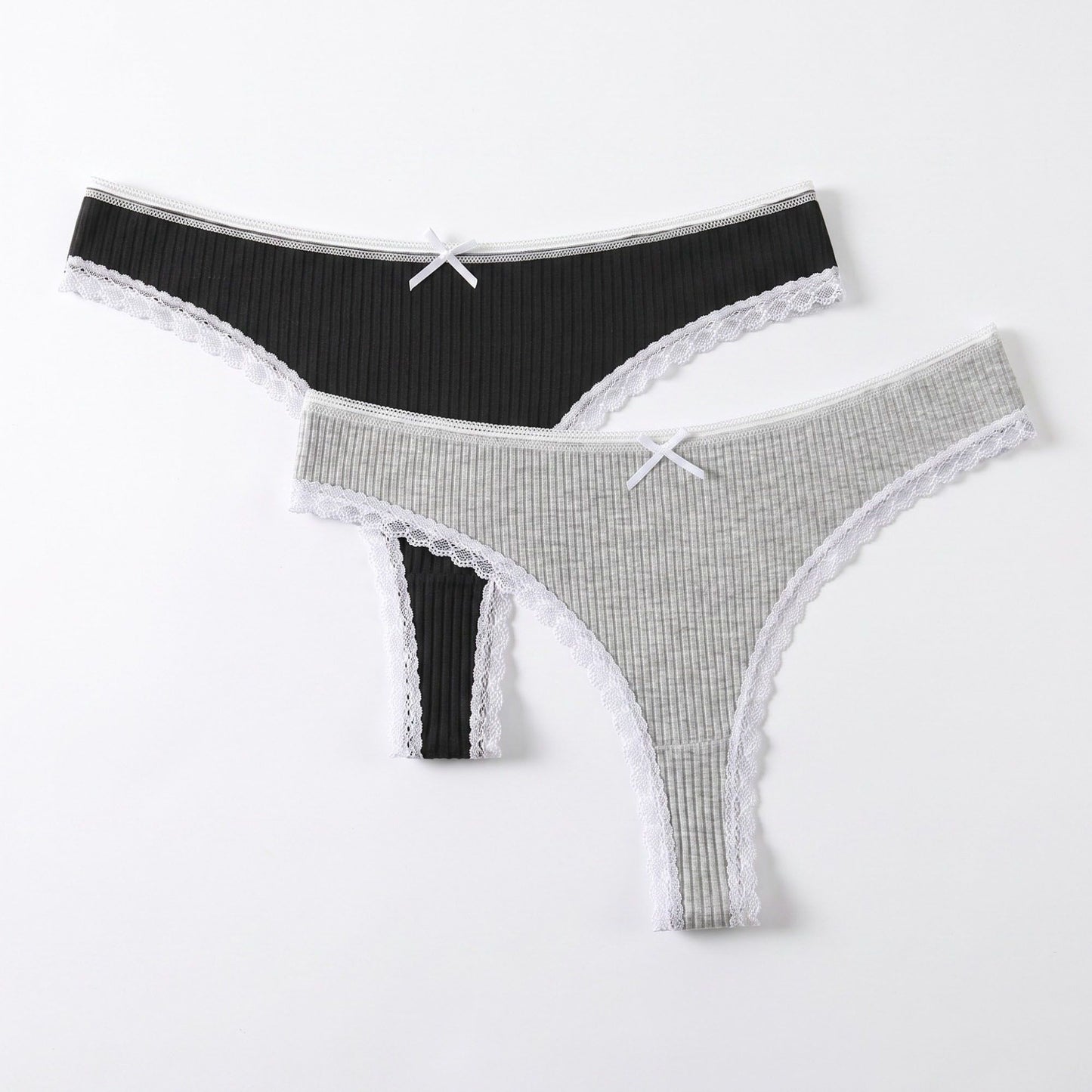 2 Pack Ribbed Lace Trim Thong Underwear