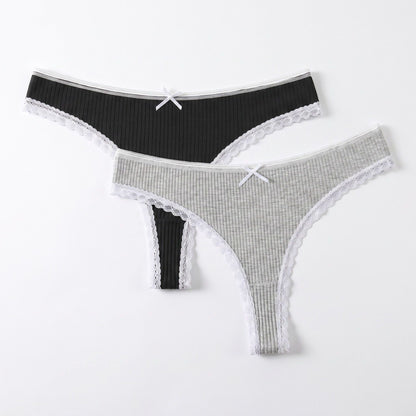 2 Pack Ribbed Lace Trim Thong Underwear