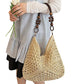 Woven Straw Hobo Bag with Wooden Handle Bead Accents and Spacious Interior