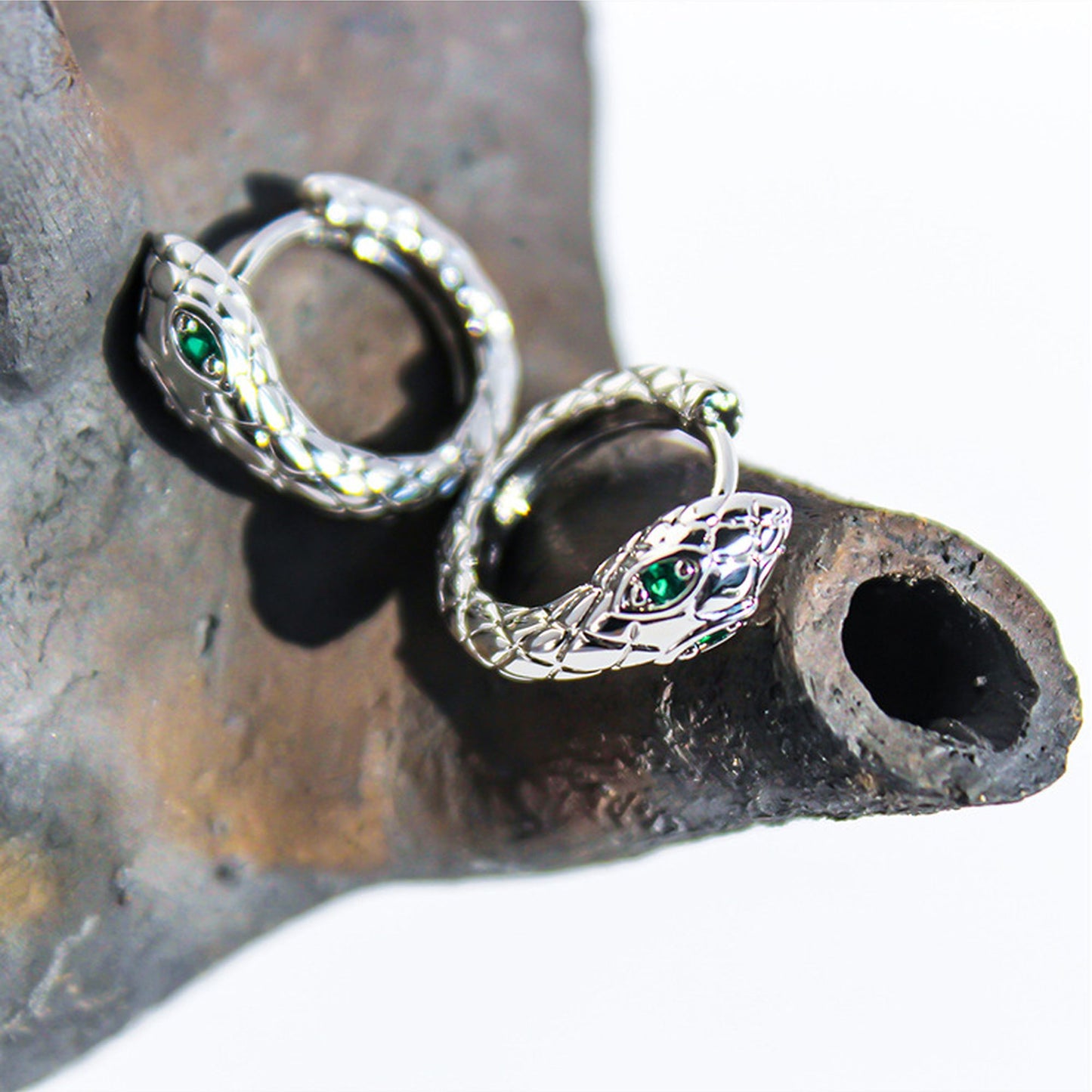 Snake-Shaped Hoop Earrings with Green Gem Eyes