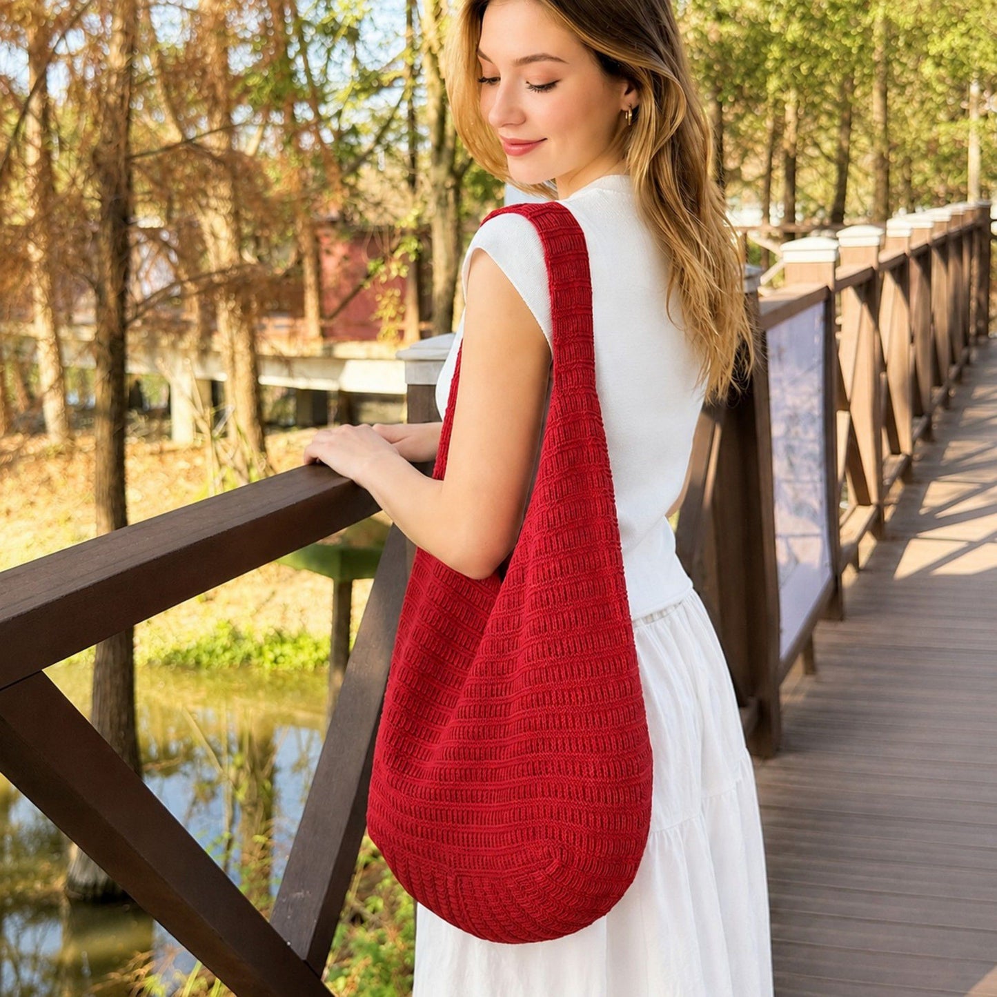 Knit Hobo Shoulder Bag with Slouchy Shape Textured Crochet Look and Wide Strap for Casual Carry