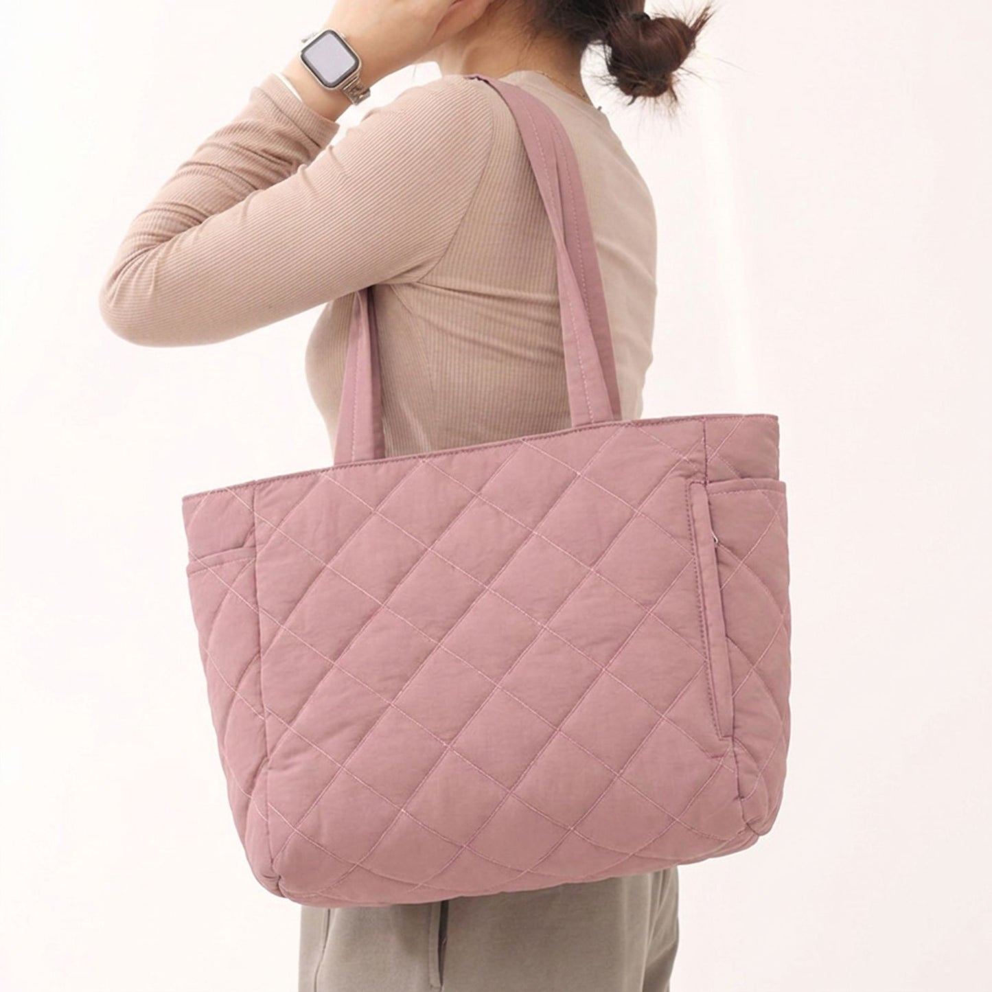 Quilted Tote Bag with Zipper Pockets and Water Resistant Fabric