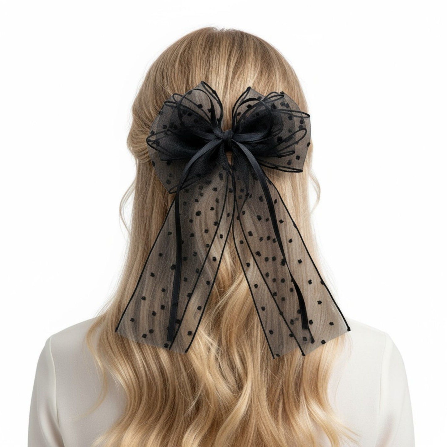 Sheer Polka Dot Bow Hair Clip with Layered Tulle Design and Long Ribbon Tails