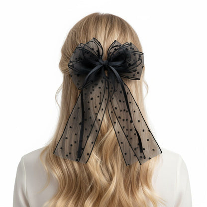 Sheer Polka Dot Bow Hair Clip with Layered Tulle Design and Long Ribbon Tails