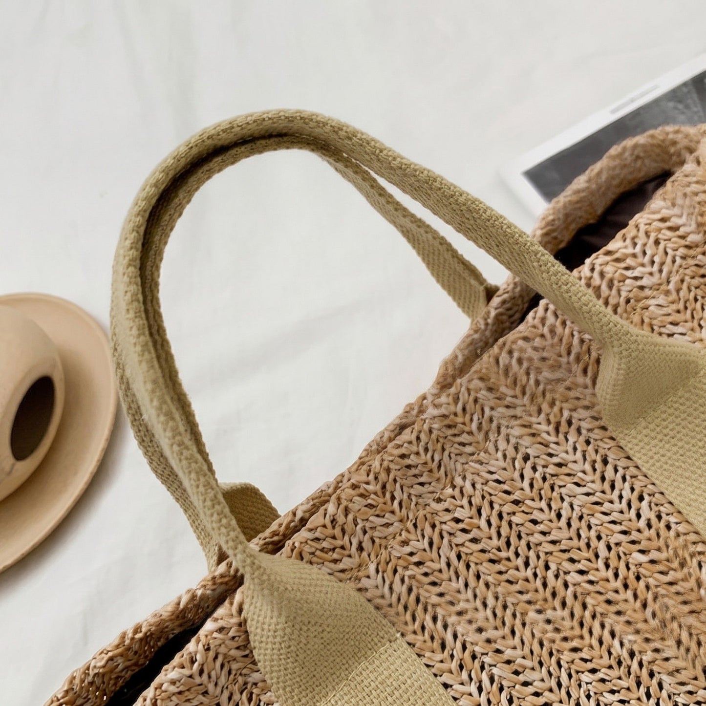 Woven Straw Tote Bag with Wide Shoulder Straps Lightweight Crochet Knit Small Tote Bag