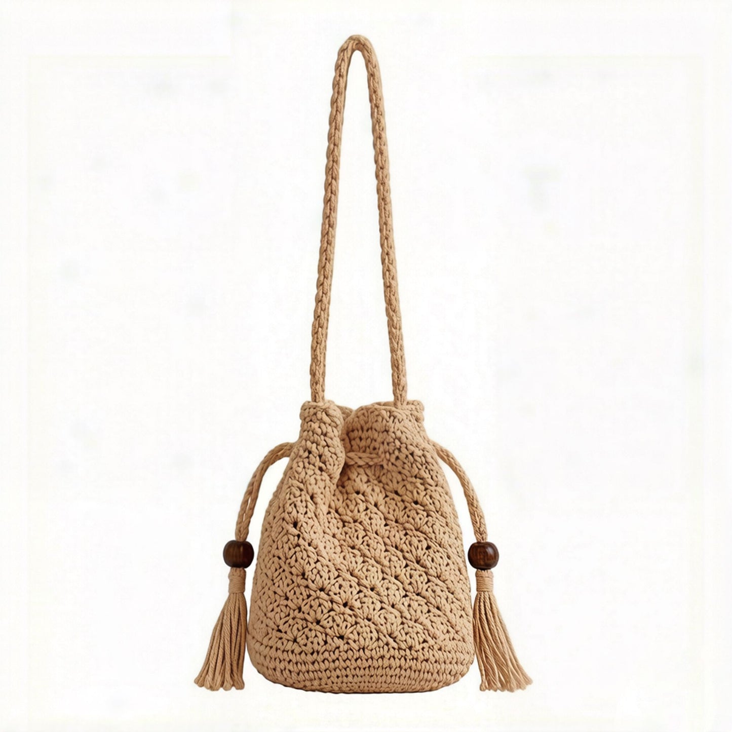 Crochet Bucket Bag with Drawstring Closure Tassel Detail Long Strap Knit Crossbody Handbag