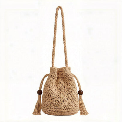 Crochet Bucket Bag with Drawstring Closure Tassel Detail Long Strap Knit Crossbody Handbag