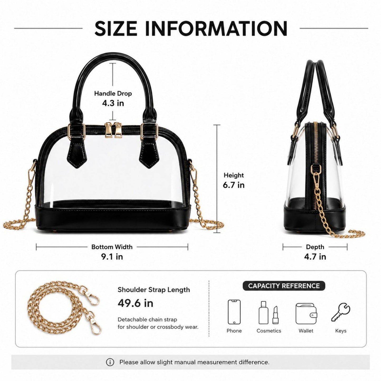 Clear PVC Mini Satchel Bag with Zipper Top and Detachable Chain Strap