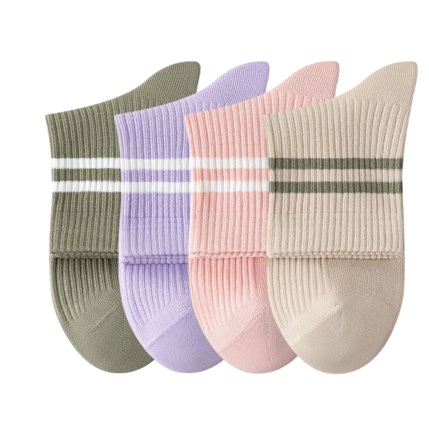 Womens Athletic Crew Socks 4-Pack Ribbed Knit Design Contrast Double Stripe Stretch Comfort Everyday Fit