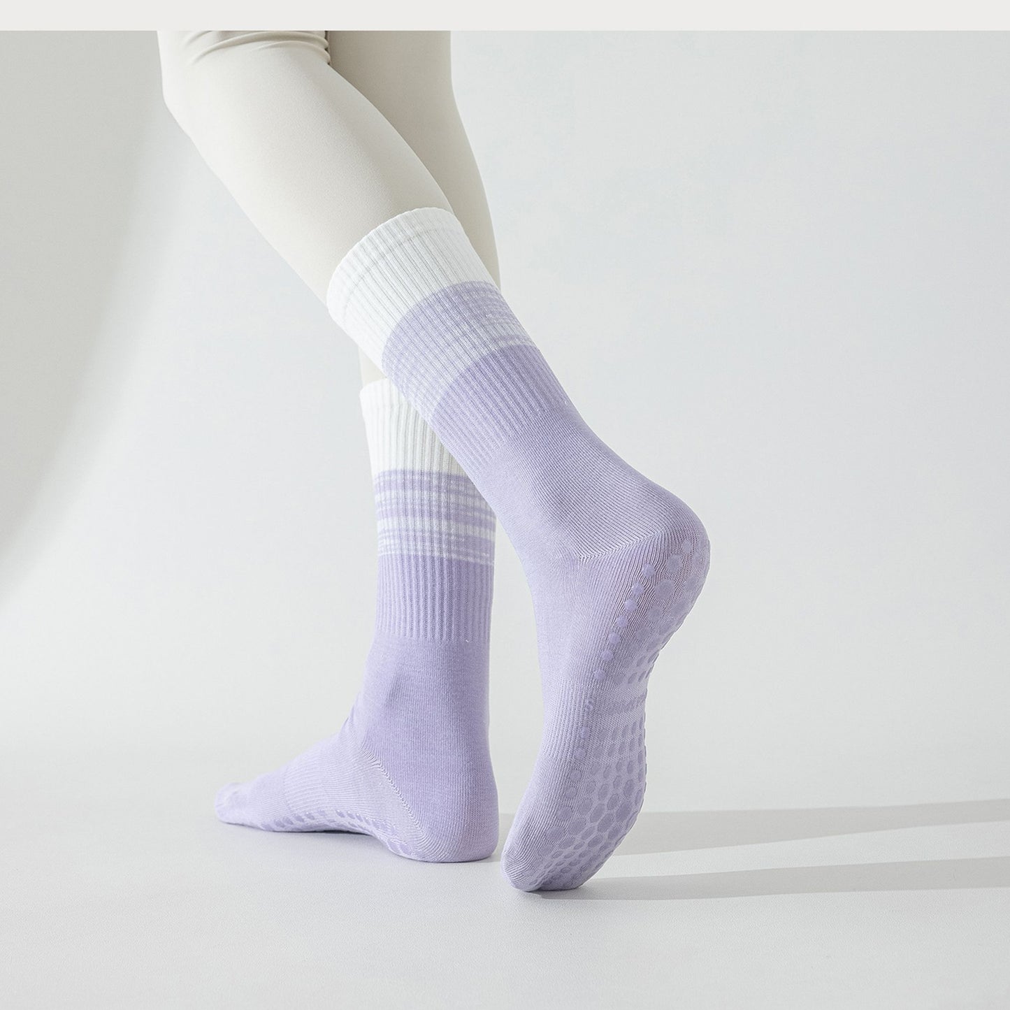 2-Pair Set Gradient Mid-Calf Grip Socks with Soft Seamless Toe and Anti-Slip Bottom for Yoga or Sneakers