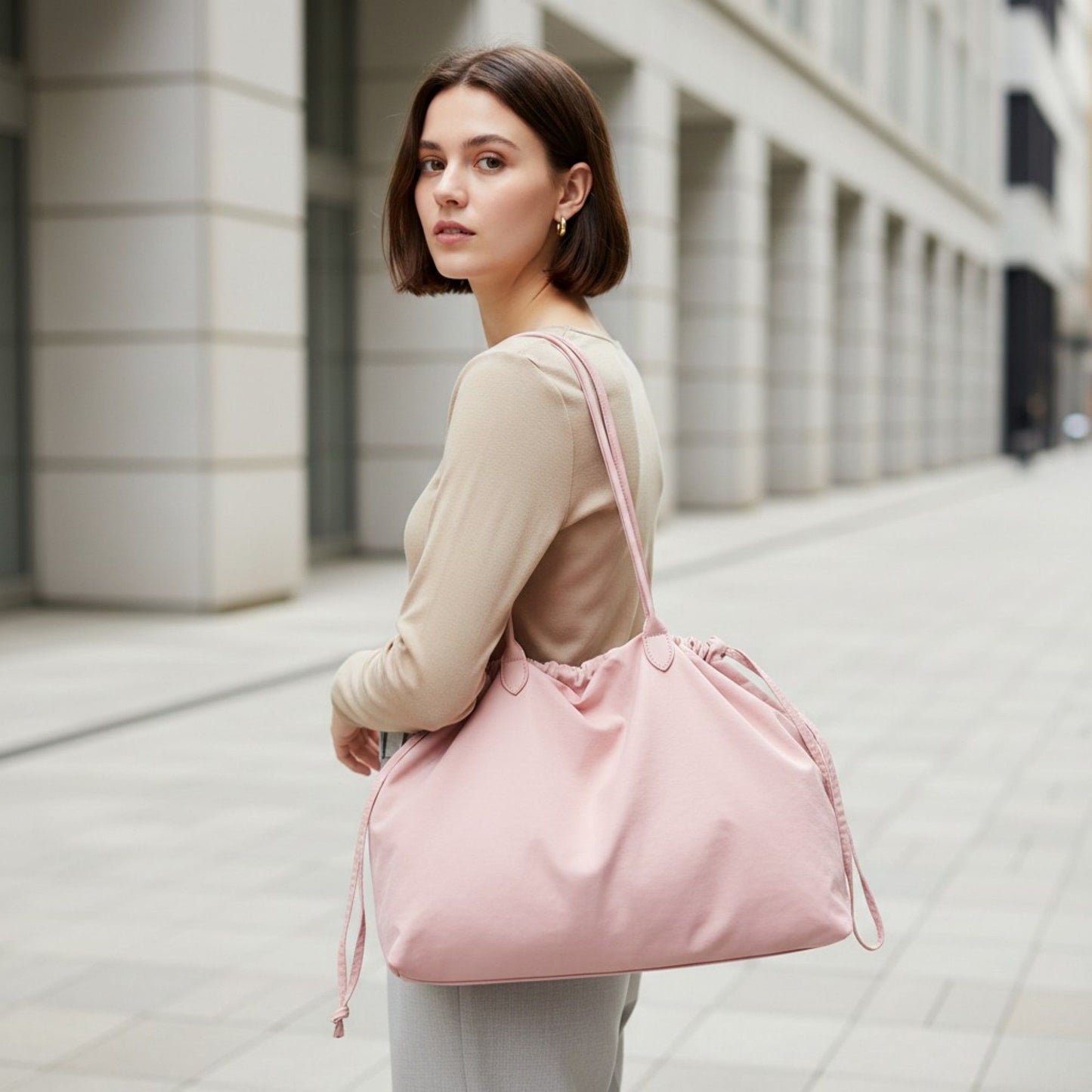 Nylon Drawstring Shoulder Tote Bag with Soft Slouchy Silhouette and Long Carry Straps