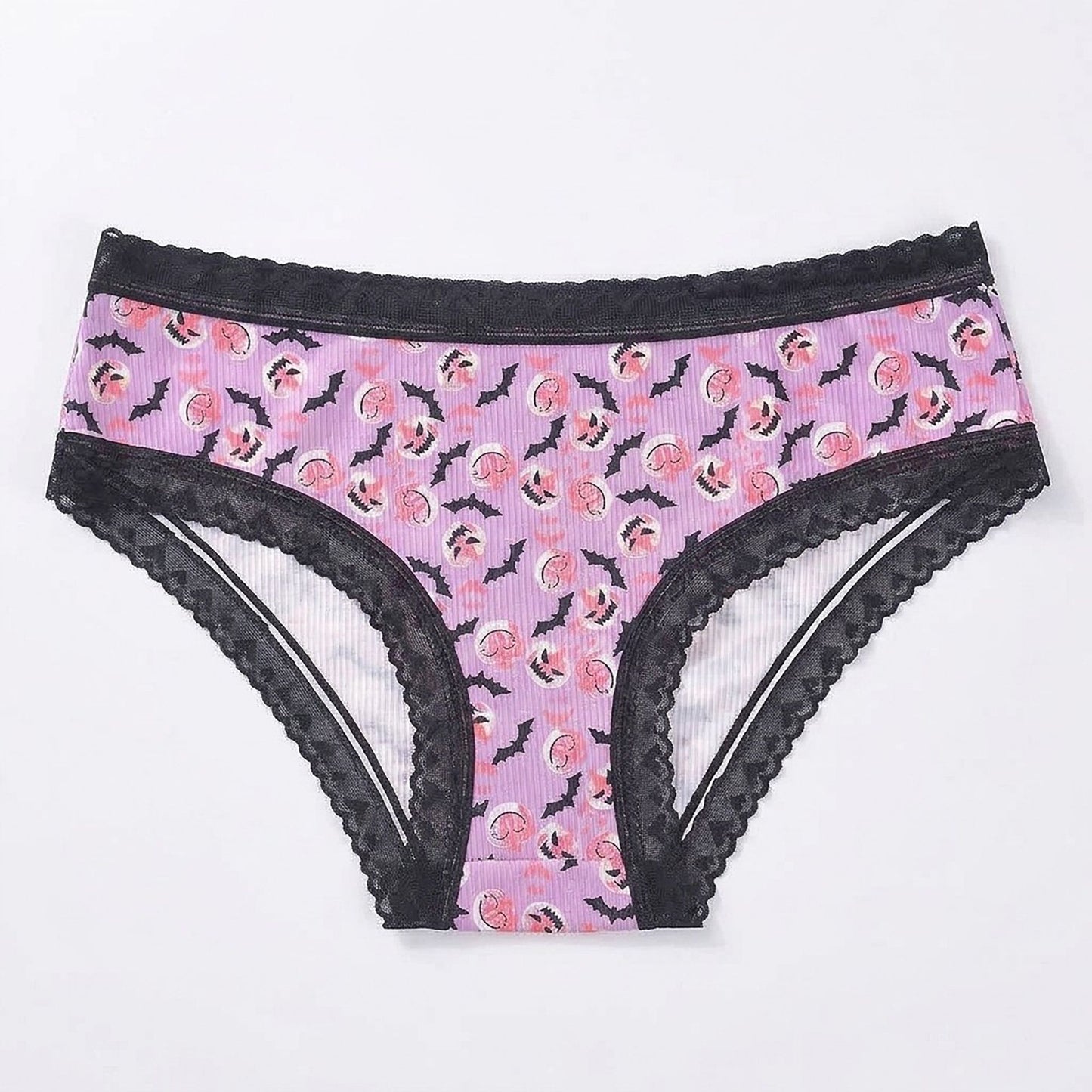 2 Pack Halloween Pumpkin Print Lace Trim Bikini Underwear