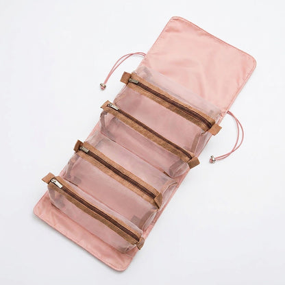 Hanging Travel Toiletry Bag with Clear Zipper Compartments and Roll-Up Organizer Design