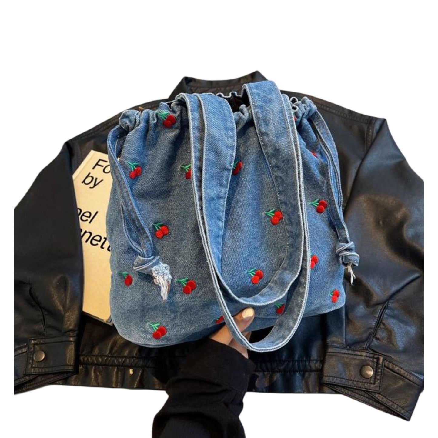 Embroidered Cherry Denim Drawstring Bag with Fixed Shoulder Strap