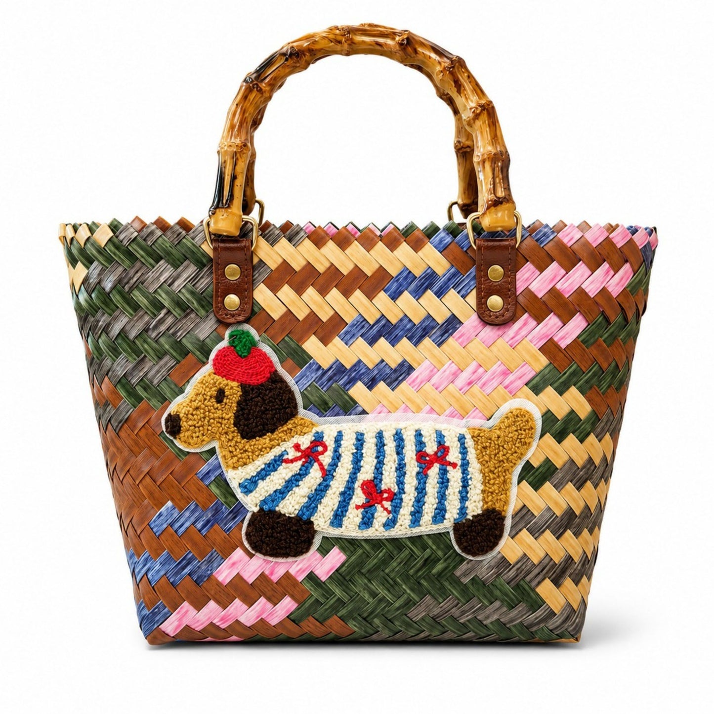 Woven Bamboo Handle Tote Handbag with Whimsical Dachshund Applique, Structured Shape and Roomy Interior