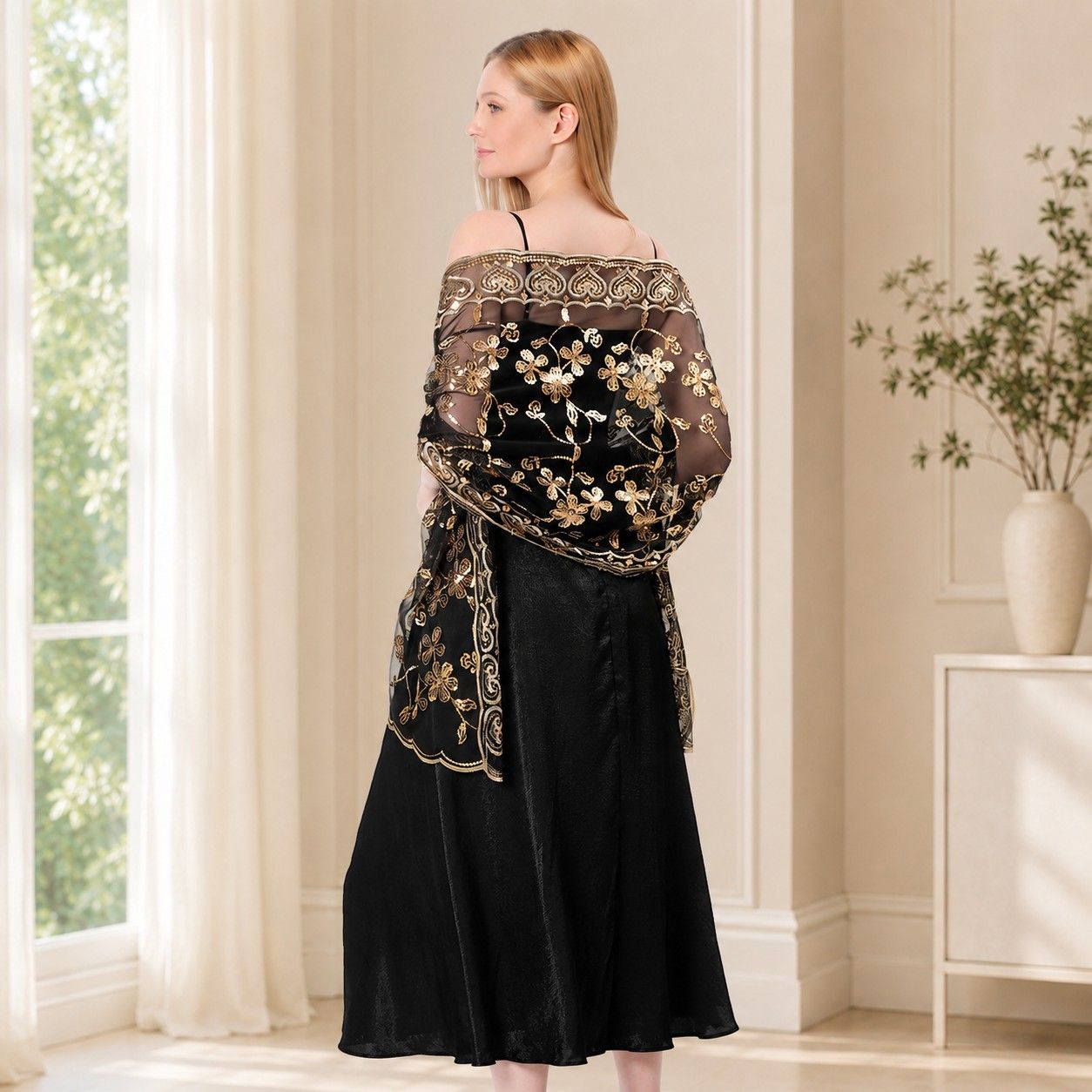 Embroidered Sequin Mesh Shawl Wrap Sheer Floral Scarf Scalloped Edge