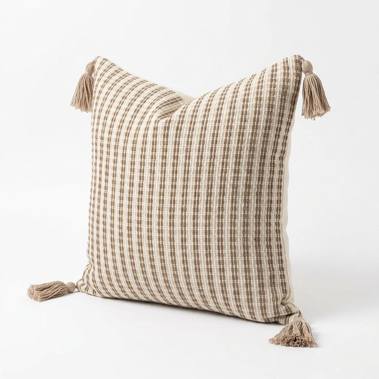 Textured Striped Square Decorative Throw Pillow Cover with Corner Tassels