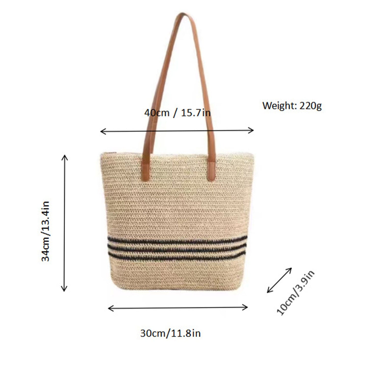 Woven Crochet Tote Bag with Striped Pattern Leather Shoulder Strap Lightweight Large Capacity Handbag