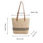 Woven Crochet Tote Bag with Striped Pattern Leather Shoulder Strap Lightweight Large Capacity Handbag