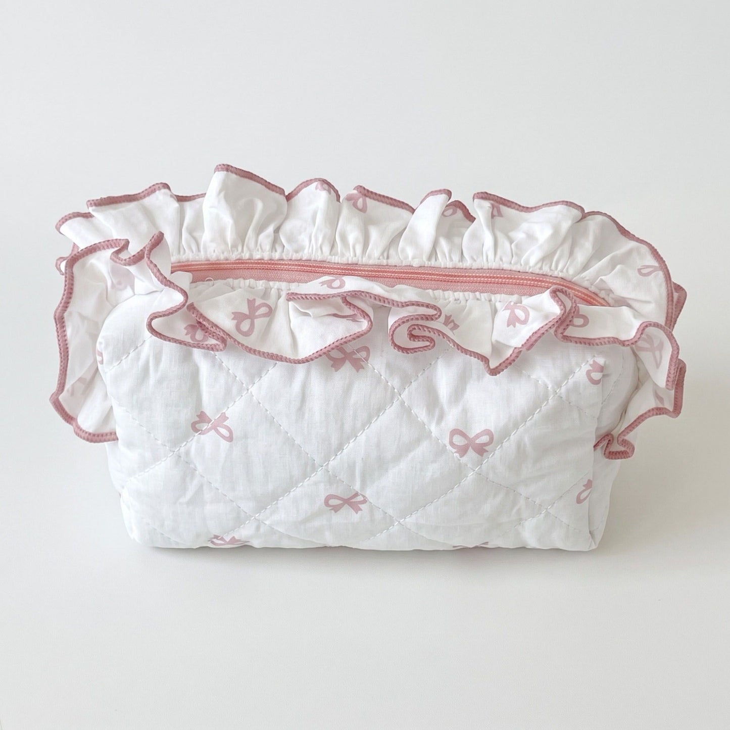 Womens Quilted Bow Print Cosmetic Bag with Ruffle Trim